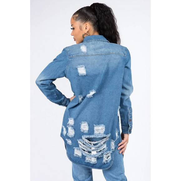 NEW AMERICAN BAZI candace ultra-distressed long denim shirt jacket in blue - Picture 3 of 3
